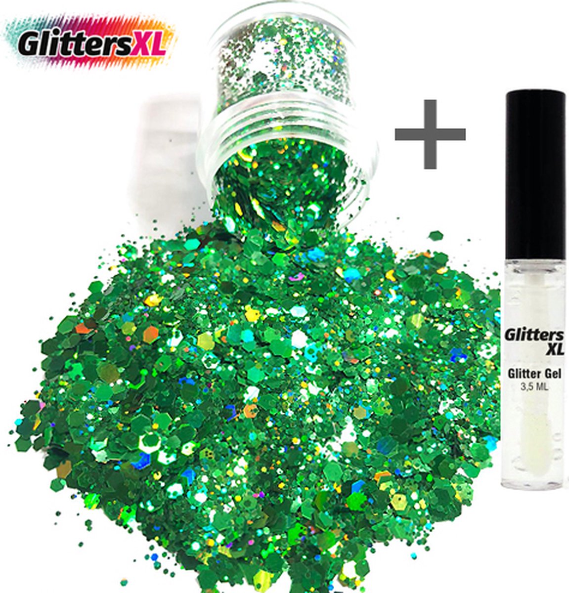 GlittersXL - Chunky Glitters (Groen) (Volume 8g) + Glitter Huid Lijm [Festival Makeup Gezicht Lichaam - Face Body Glitter - Biologisch afbreekbaar - Versiering Dames Volwassen Kinderen]